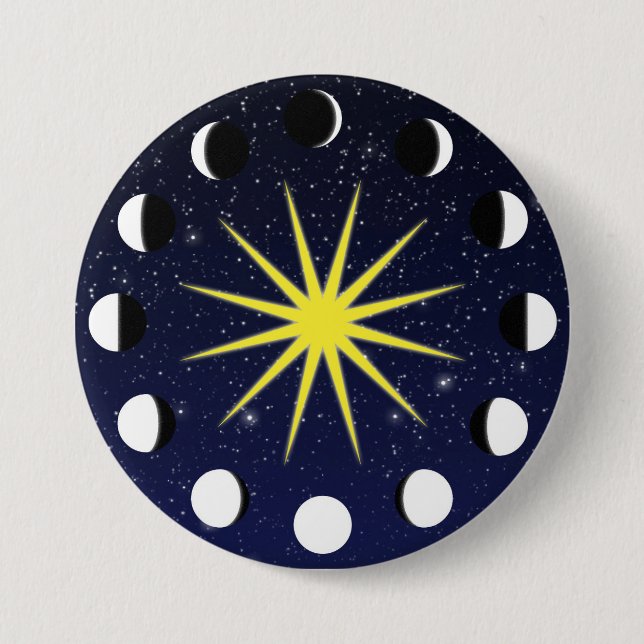 Badge Rond 7,6 Cm Soleil, phases de lune et étoiles (Devant)