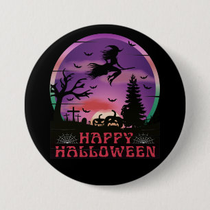 BADGE ROND 7,6 CM SORCIÈRE DE CIMETIÈRE DE NUIT D'HALLOWEEN
