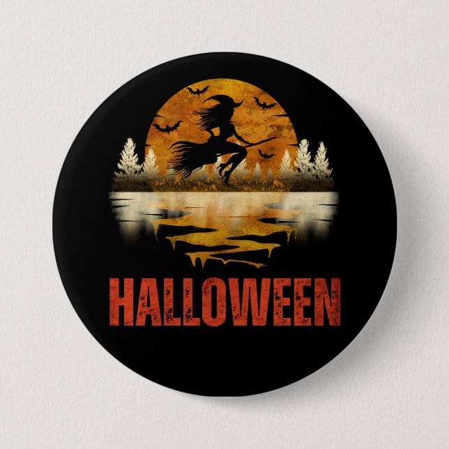 BADGE ROND 7,6 CM SORCIÈRE DE NUIT D'HALLOWEEN (Devant)