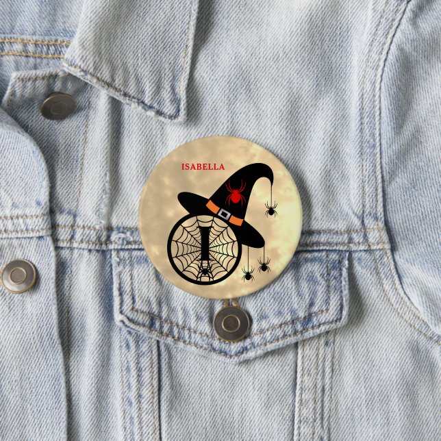 Badge Rond 7,6 Cm Sorcière d'Halloween Araignée Monogramme I Nom per (En situation)