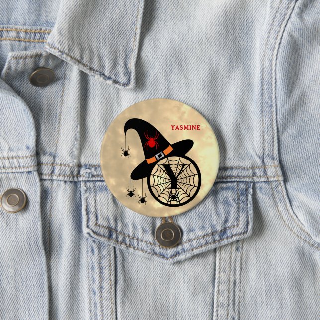 Badge Rond 7,6 Cm Sorcière d'Halloween Araignée Monogramme Y Nom per (En situation)