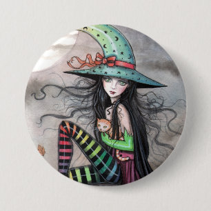 Badge Rond 7,6 Cm Sorcière d'octobre enchantée Chat tigré Bouton Pin