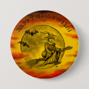 Badge Rond 7,6 Cm Sorcière volante avec chat noir, nuit halloween