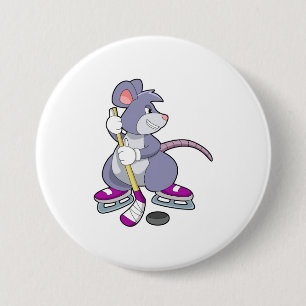 Badge Rond 7,6 Cm Souris au hockey sur glace avec bâton de hockey su