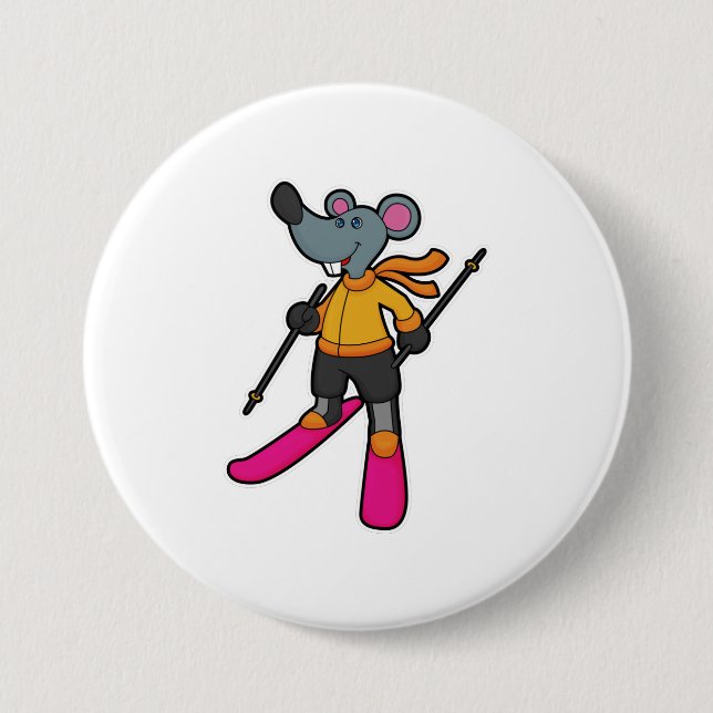 Badge Rond 7,6 Cm Souris comme skieur avec ski (Devant)