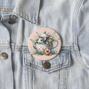 Badge Rond 7,6 Cm Souris mignonne en théière florale Illustration