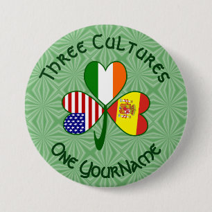 Badge Rond 7,6 Cm Spain Ireland USA Flags Shamrock Your Name