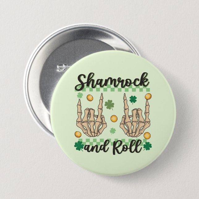 Badge Rond 7,6 Cm Squelette à main shamrock et rouleau (Devant & derrière)