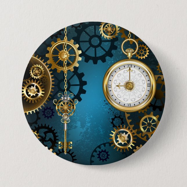 Badge Rond 7,6 Cm Steampunk Arrière - plan turquoise avec Gears (Devant)