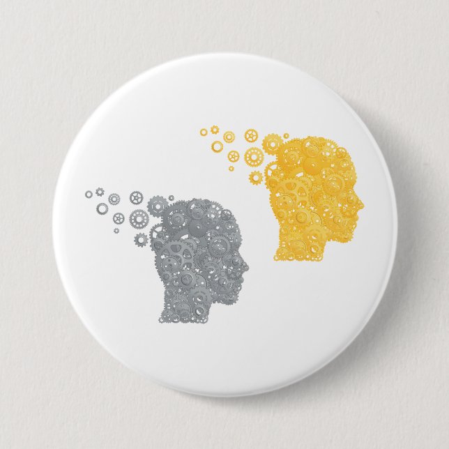 Badge Rond 7,6 Cm Steampunk Brain Power Cogwheel Heads (Devant)