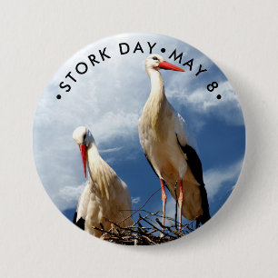 Badge Rond 7,6 Cm Stork Day, cigogne blanche