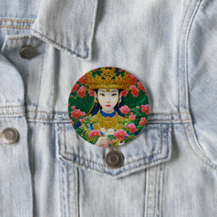 Badge Rond 7,6 Cm Style vintage Asiatique Abstraite fille avec fleur