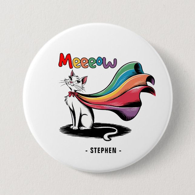 Badge Rond 7,6 Cm Super Cat Meeeow - Rainbow Cape Pride Cat (Devant)