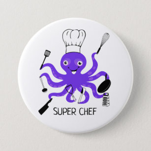 Badge Rond 7,6 Cm Super Chef Octopus pourpre avec Gadgets de cuisine