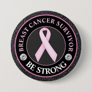 Badge Rond 7,6 Cm Survivante du cancer du sein – Ruban rose pailleté