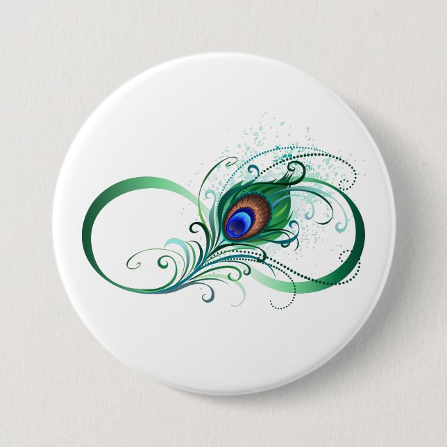 Badge Rond 7,6 Cm Symbole de l'infini avec plume de paon (Devant)