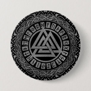 Badge Rond 7,6 Cm Symbole métallique argenté de Valknut sur le mot