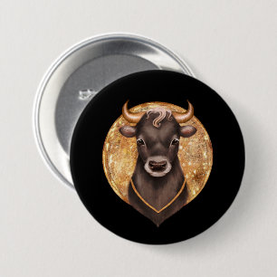 Badge Rond 7,6 Cm taureau noir sur or, mignon taureau 2021, année du