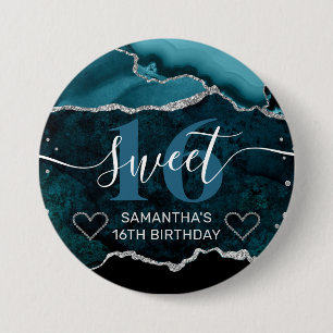 Badge Rond 7,6 Cm Teal et paillettes d'argent Marble Agate Sweet 16