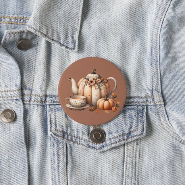 Badge Rond 7,6 Cm Teapot citrouille avec fleurs d'automne (En situation)