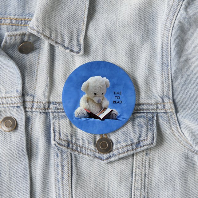 Badge Rond 7,6 Cm Teddy Bear Time to Read Blue Stuffed Animal, ZKOA (En situation)
