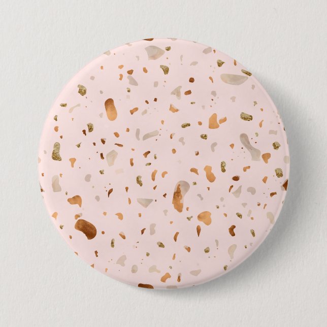 Badge Rond 7,6 Cm Terrazzo Rose Blush Avec Spots De Cuivre Or (Devant)