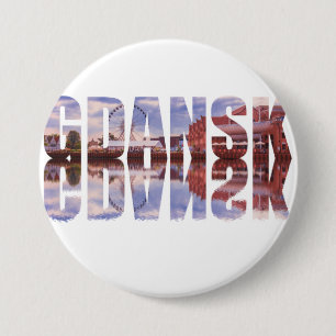 Badge Rond 7,6 Cm Texte de Gdansk avec vue sur la vieille ville avec