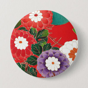 Badge Rond 7,6 Cm Textile japonais vintage - Dahlias rouges