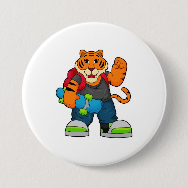 Badge Rond 7,6 Cm Tiger comme patineur avec skateboard (Devant)