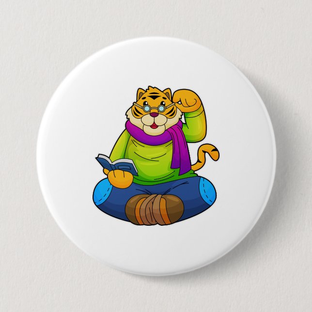 Badge Rond 7,6 Cm Tiger Nerd avec Livre (Devant)