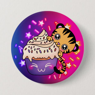 Badge Rond 7,6 Cm Tigre bébé mignonne avec Cupcake étoile cosmique