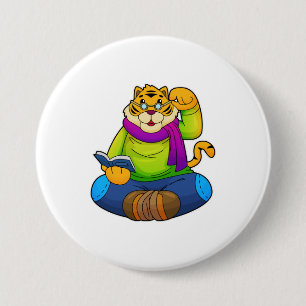 Badge Rond 7,6 Cm Tigre en intello avec livre