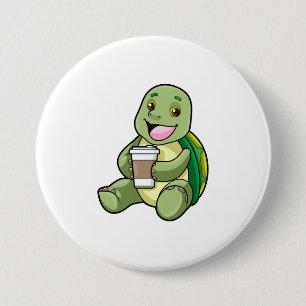 Badge Rond 7,6 Cm Tortue avec Shell & Café à aller