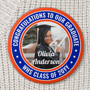 Badge Rond 7,6 Cm Tout le texte Graduation Photo Félicats Orange et 