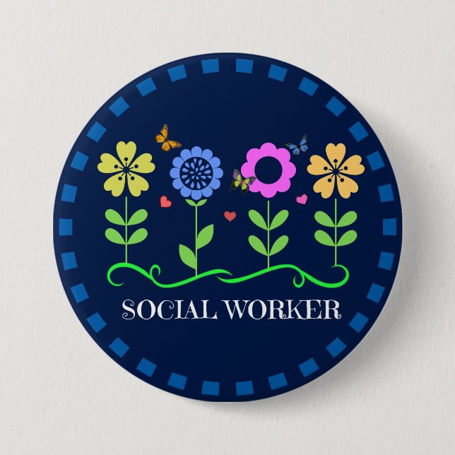 Badge Rond 7,6 Cm Travailleur social, fleurs et papillons (Devant)