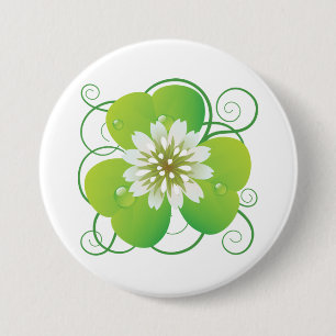Badge Rond 7,6 Cm Trèfle à quatre feuilles vert avec floraison blanc