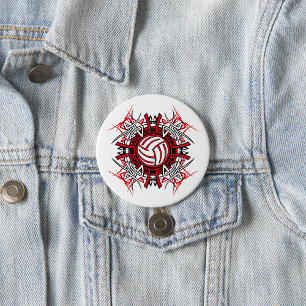 Badge Rond 7,6 Cm Tribal de volleyball Mandala Sports rouges et noir