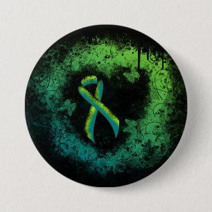 Badge Rond 7,6 Cm Turquoise et Lime Green Grunge Heart