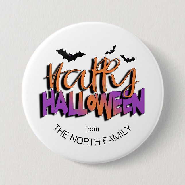 Badge Rond 7,6 Cm Typographie Joyeux Halloween avec des chauves-sour (Devant)