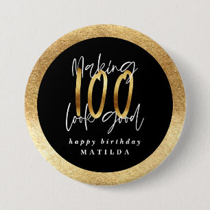 Badge Rond 7,6 Cm Typographie moderne noir et or 100e anniversaire