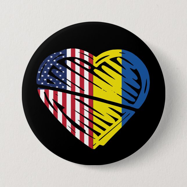 Badge Rond 7,6 Cm Ukraine Drapeau Solidarité USA Amérique Drapeau Co (Devant)