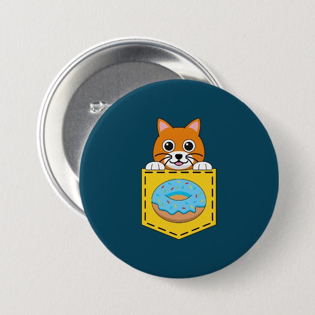 Badge Rond 7,6 Cm Un chat qui regarde et un donut bleu  (Devant & derrière)