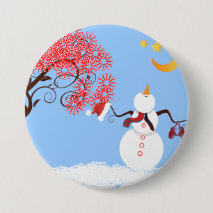 Badge Rond 7,6 Cm Un homme de neige mignon regarde vers le haut du b