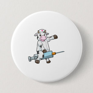 Badge Rond 7,6 Cm Vache comme infirmière avec coeur et seringue