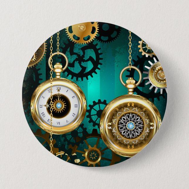 Badge Rond 7,6 Cm Veille bijoux Steampunk sur un Arrière - plan vert (Devant)