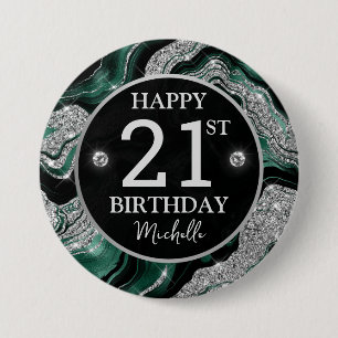 Badge Rond 7,6 Cm Vert élégant et argent paillettes Anniversaire Aga