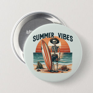 Badge Rond 7,6 Cm Vibes d'été Skeleton Surfer Sunset Beach Design