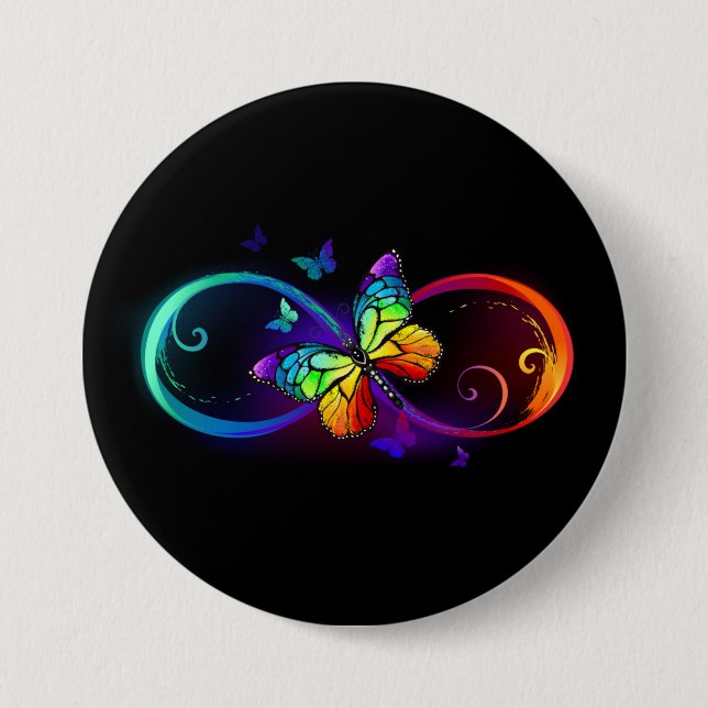 Badge Rond 7,6 Cm Vibrant infinity with rainbow butterfly on black (Devant)