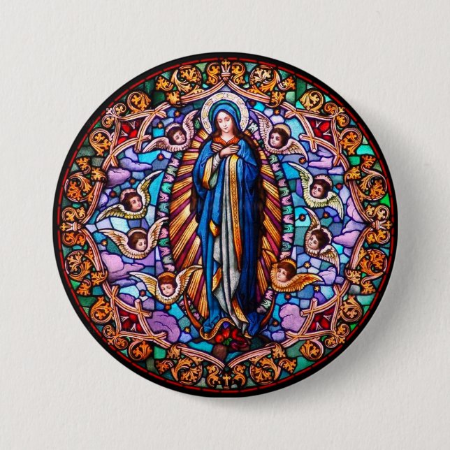 Badge Rond 7,6 Cm Vierge Marie en Robe Bleue Réplique Verre tendu (Devant)