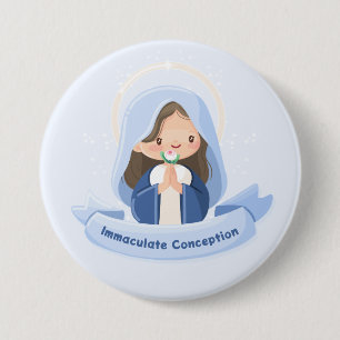 Badge Rond 7,6 Cm Vierge Marie Kawaii en prière – Ciel Bleu Clair